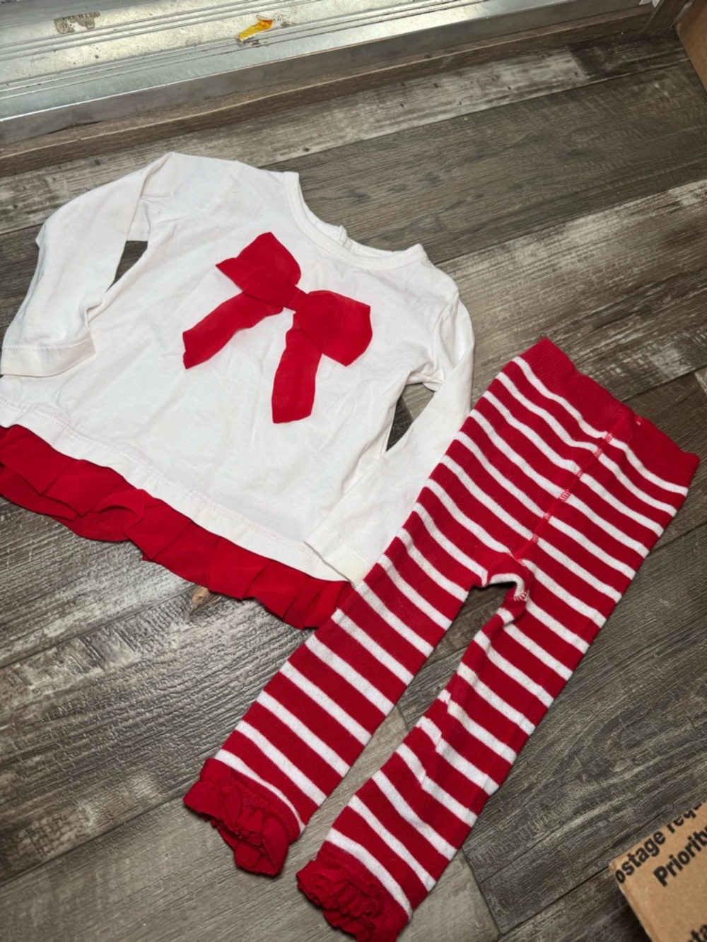 Ruffle Butts Girls White Top with Red Bow & Red-White Stripe Leggings